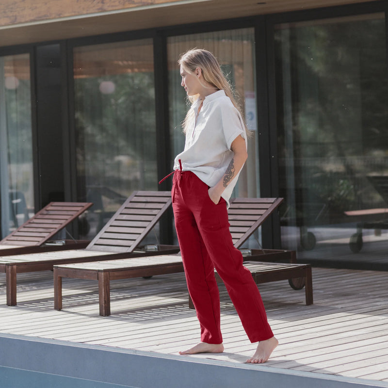 Ladies Casual Linen Trousers burgundy