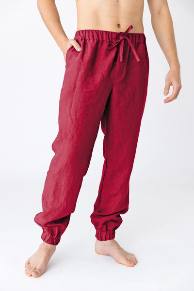 Washed linen trousers, elasticated “Gael” burgundy