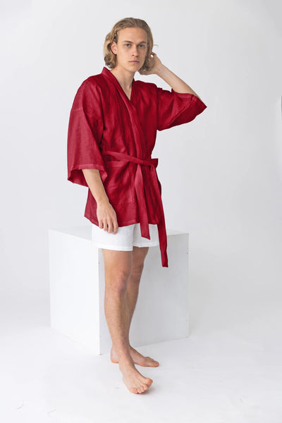 Short linen bathrobe, “Orlando” kimono style burgundy