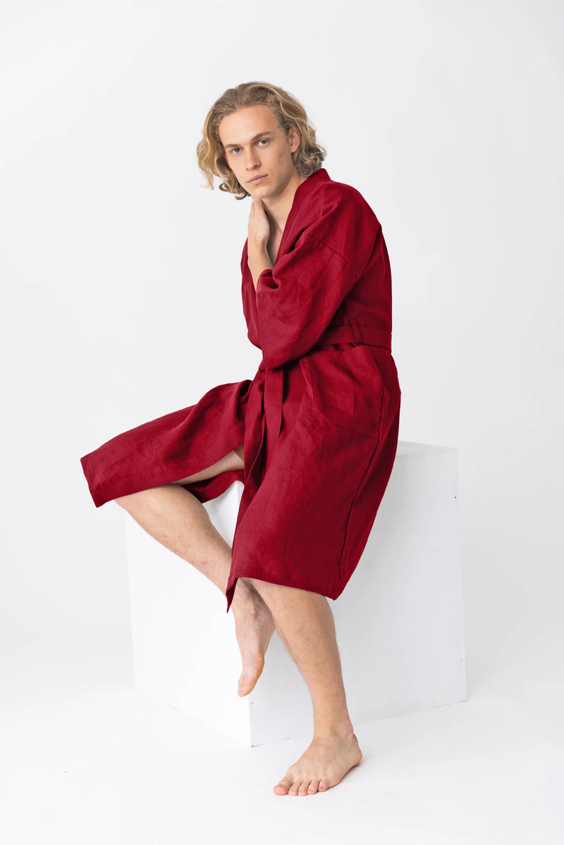 linen Kimono bathrobe, “Nelson” burgundy