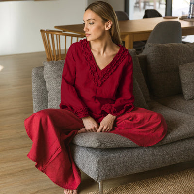 Short Ruffled Night Dress Soft Washed Linen burgundy