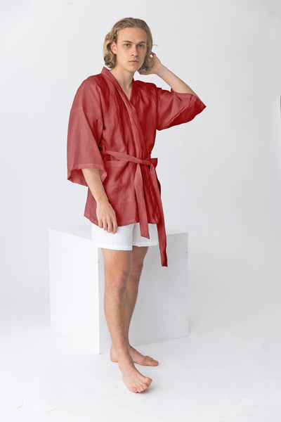 Short linen bathrobe, “Orlando” kimono style brick red