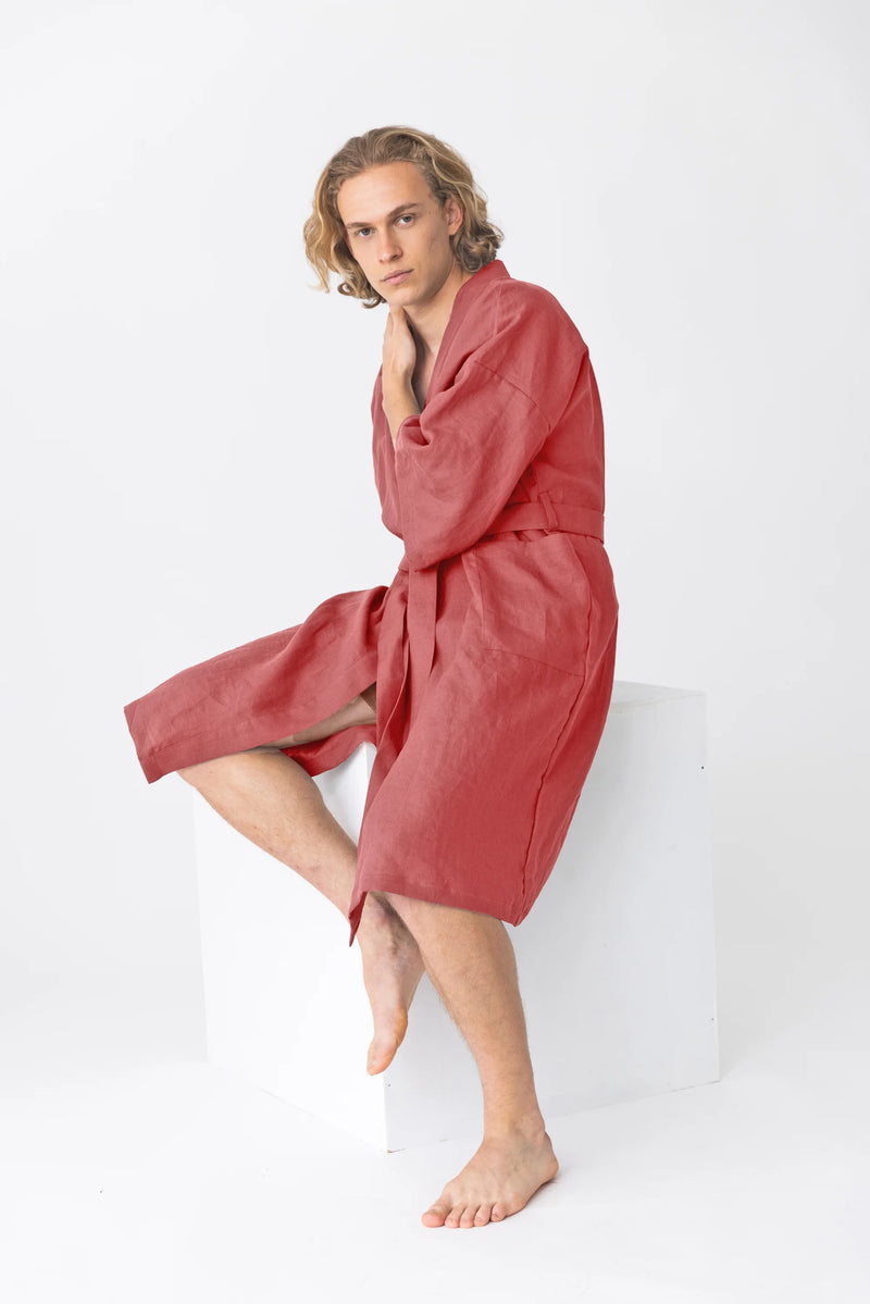 linen Kimono bathrobe, “Nelson” brick red