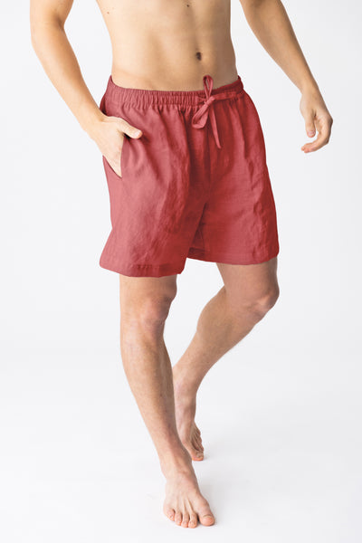 Men's washed linen pajama shorts “Emanuel” brick red