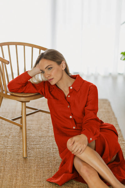 Linen Long Shirt Buttoned-down coral