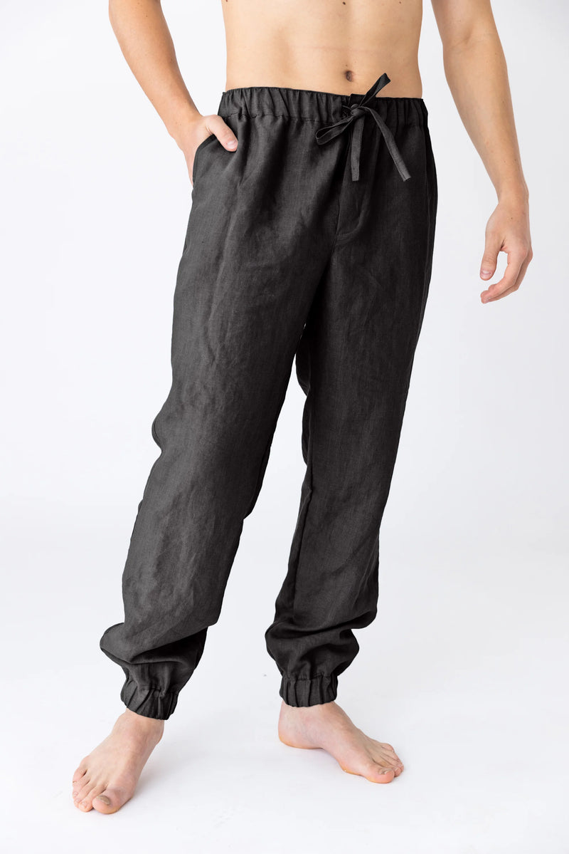 Washed linen trousers, elasticated “Gael” jet-black