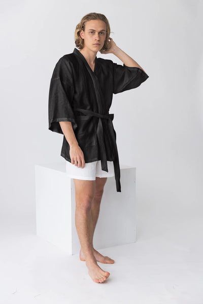 Short linen bathrobe, “Orlando” kimono style black