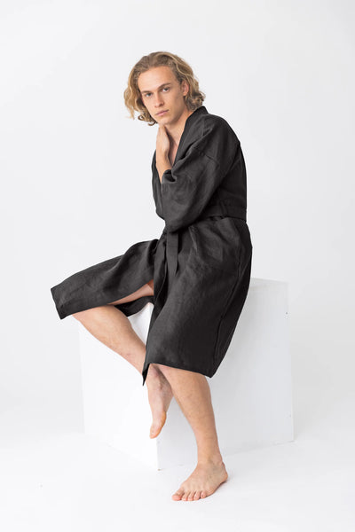 linen Kimono bathrobe, “Nelson” jet-black