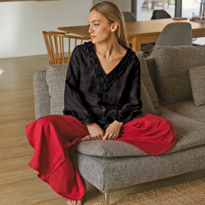 Short Ruffled Night Dress Soft Washed Linen jet-black