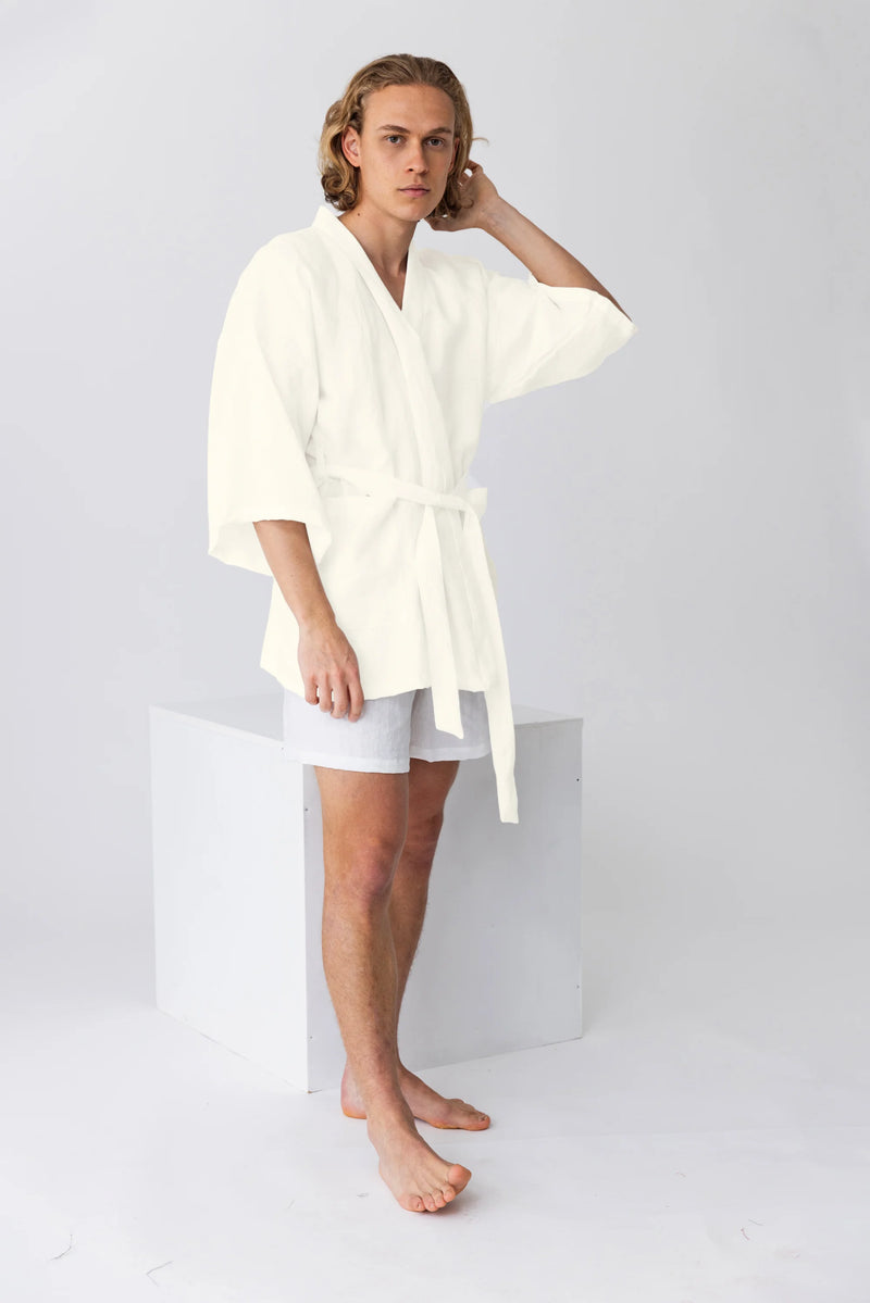 Short linen bathrobe, “Orlando” kimono style ivory