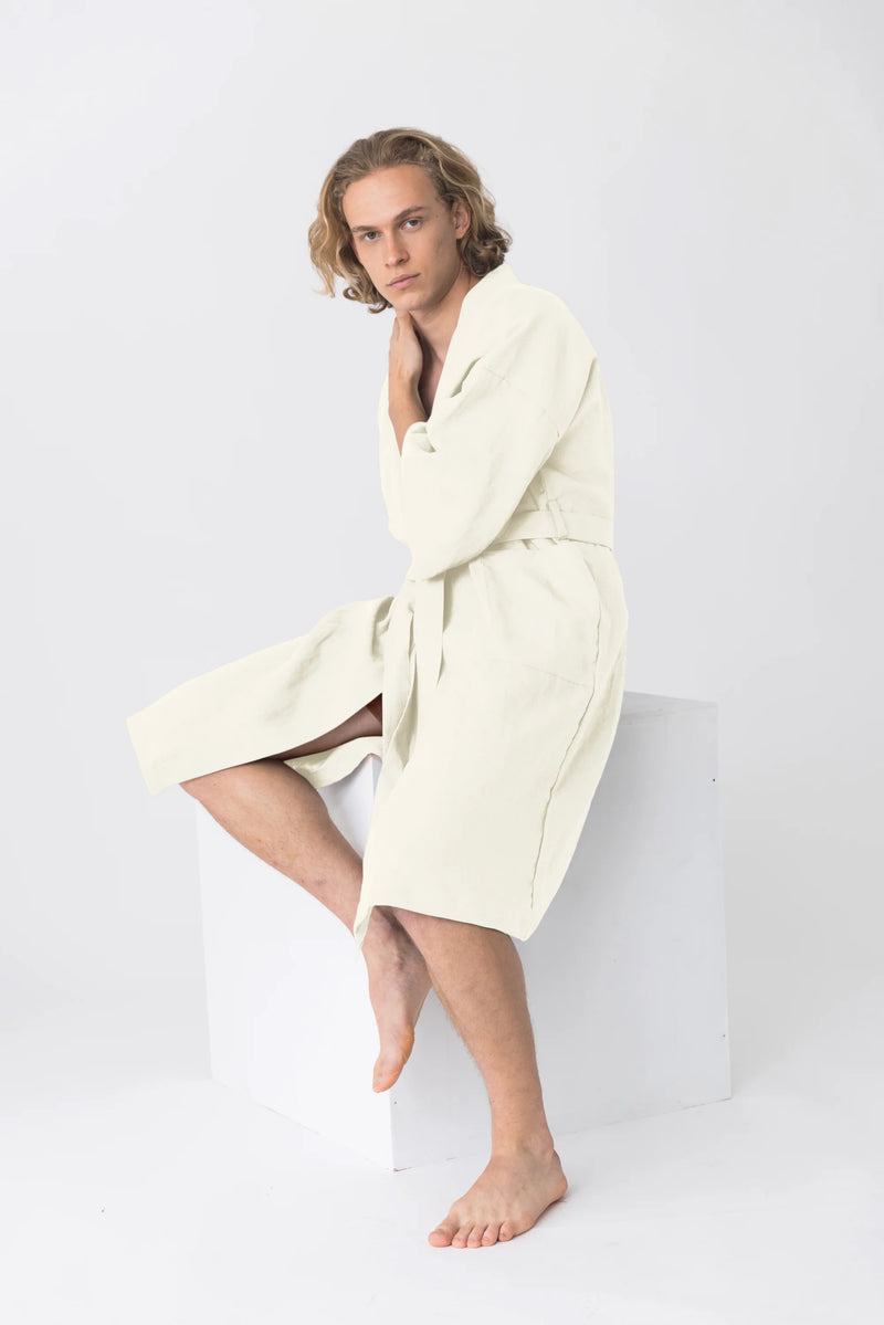 linen Kimono bathrobe, “Nelson” ivory