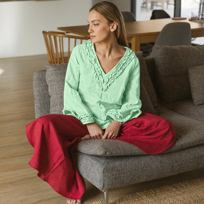 Short Ruffled Night Dress Soft Washed Linen mint green