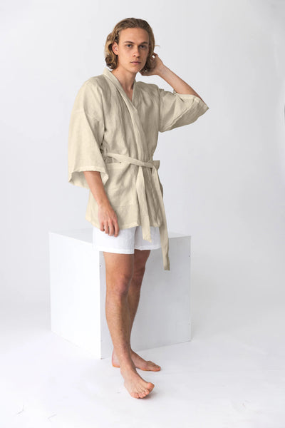 Short linen bathrobe, “Orlando” kimono style beige natural