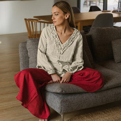 Short Ruffled Night Dress Soft Washed Linen beige natural