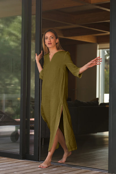 Casual side slit long tunic green olive