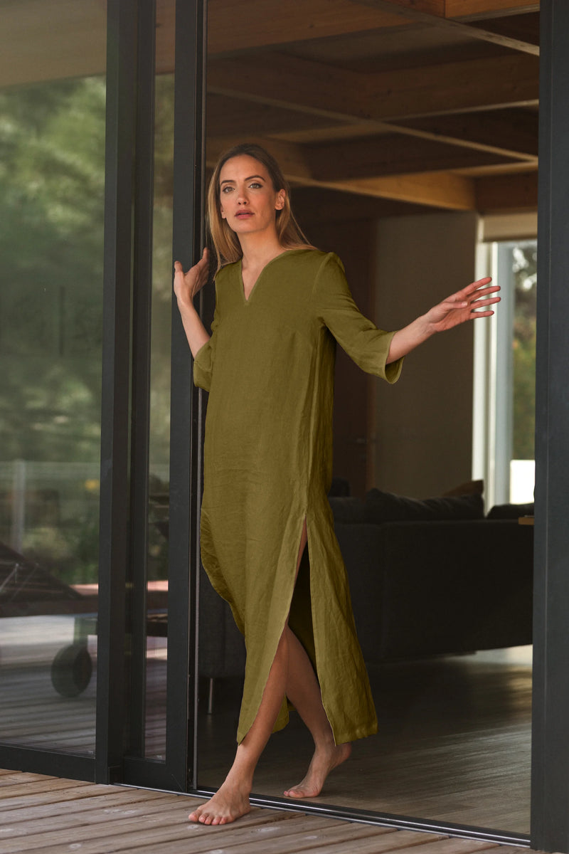 Casual side slit long tunic green olive