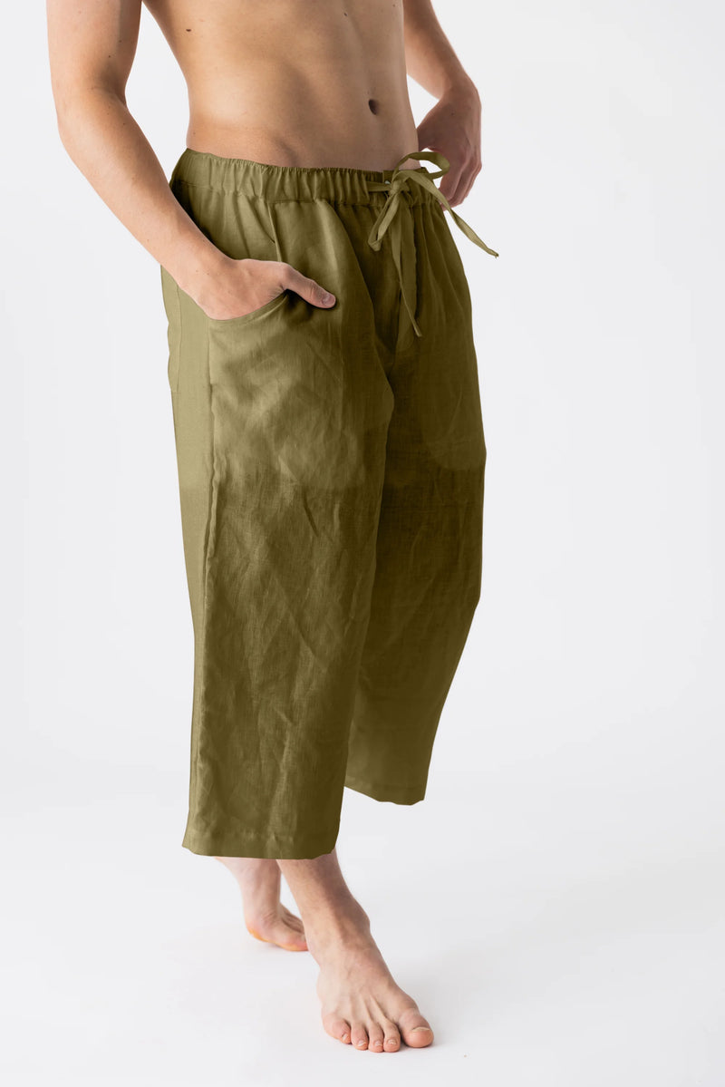 Linen crop trousers green olive