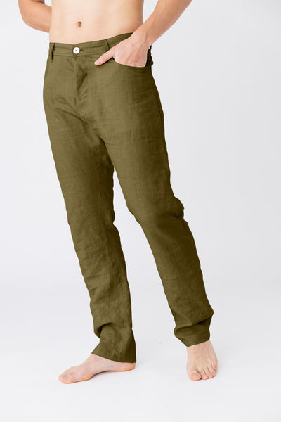 Linen trousers, Jeans style “Flavio” green olive