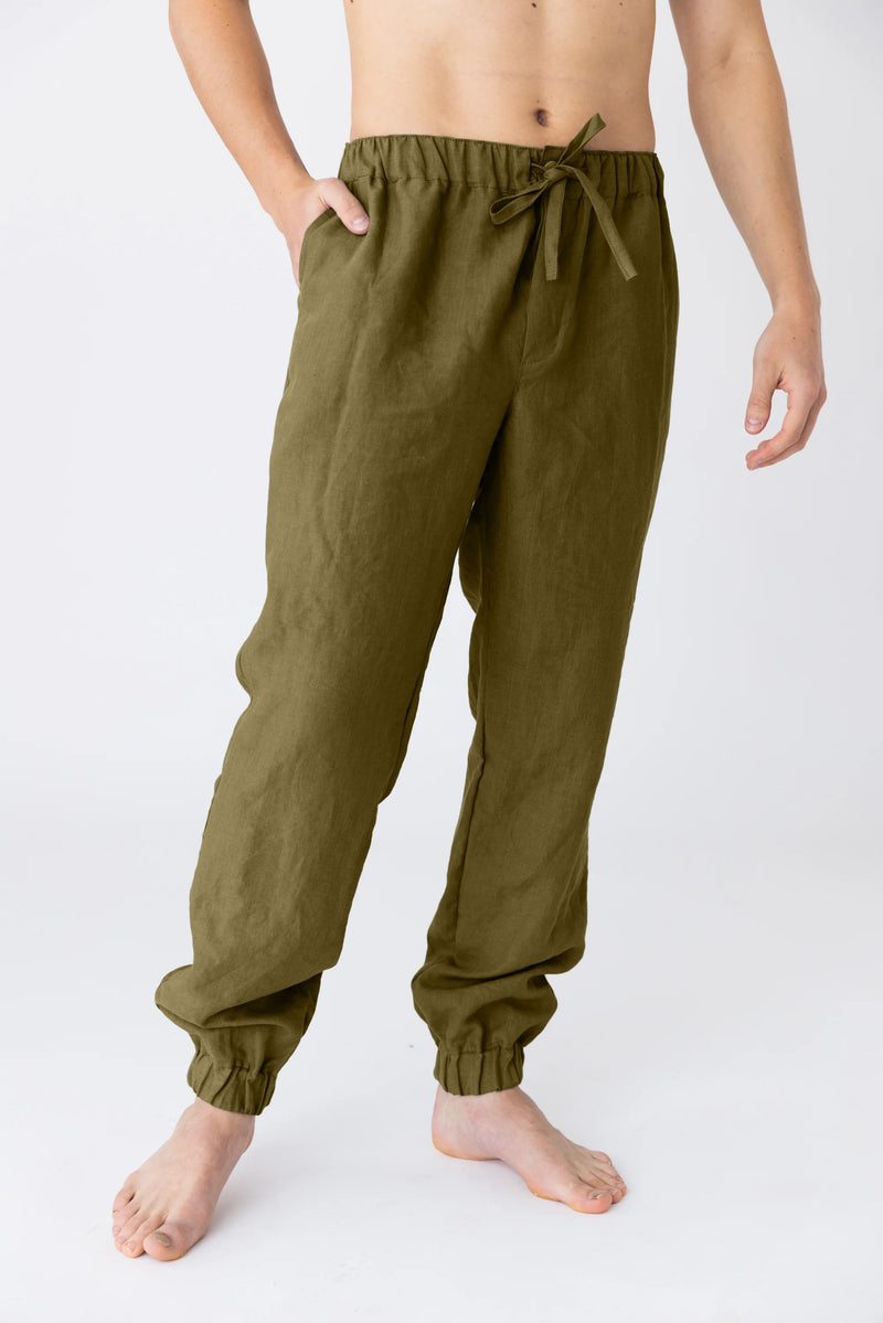 Washed linen trousers, elasticated “Gael” green olive