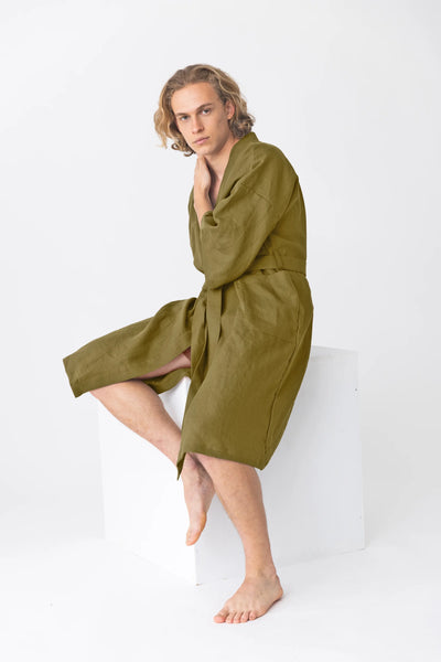 linen Kimono bathrobe, “Nelson” green olive