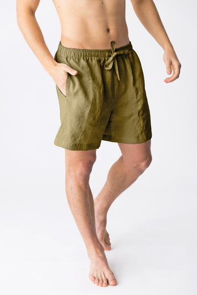 Men's washed linen pajama shorts “Emanuel” green olive