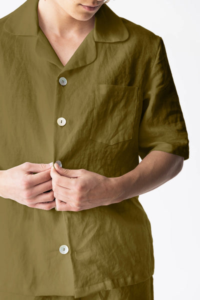 Short-sleeved linen pajama jacket green olive