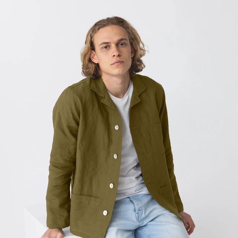  Casual Washed Linen Jacket Green olive