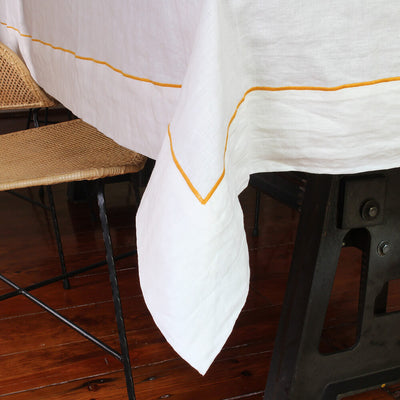 Custom made Pure Linen Tablecloth with Bourdon Border #colour_optic-white