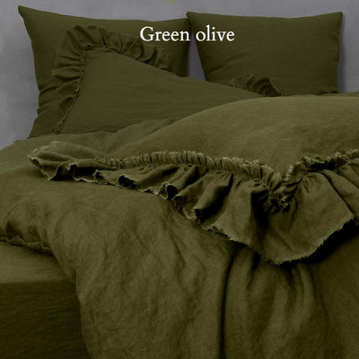 Frayed Ruffles Linen Pillowcases #colour_green-olive
