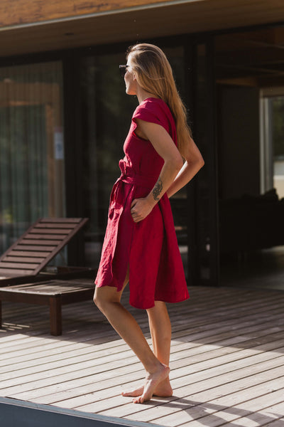 Knee-length Linen Wrap Dress #colour_burgundy