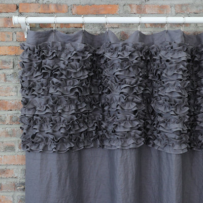 Shabby Chic Ruffle Washed Linen Shower Curtain #colour_lead-grey